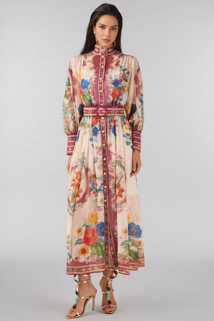 Nichob Stand Collar Lantern Sleeve Midi Dress
