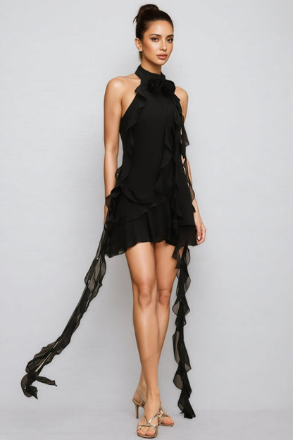Sabrina Halter Sleeveless Flounce Flowers Mini Dress