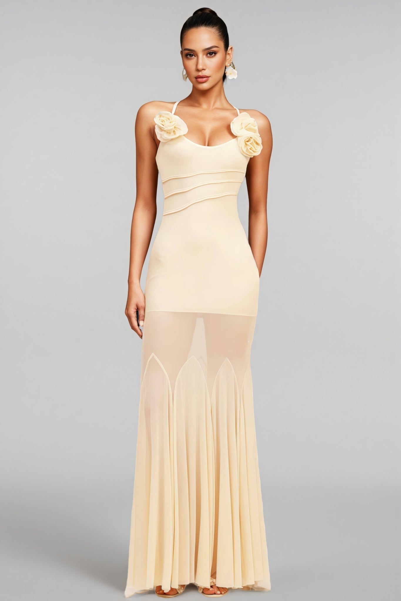 Orialk 3D Flower Halter Neck Mesh Maxi Dress