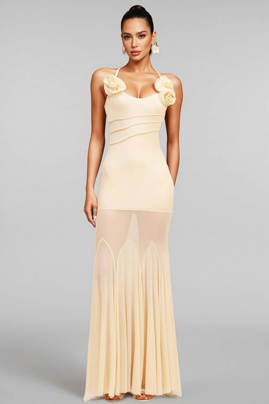 Orialk 3D Flower Halter Neck Mesh Maxi Dress