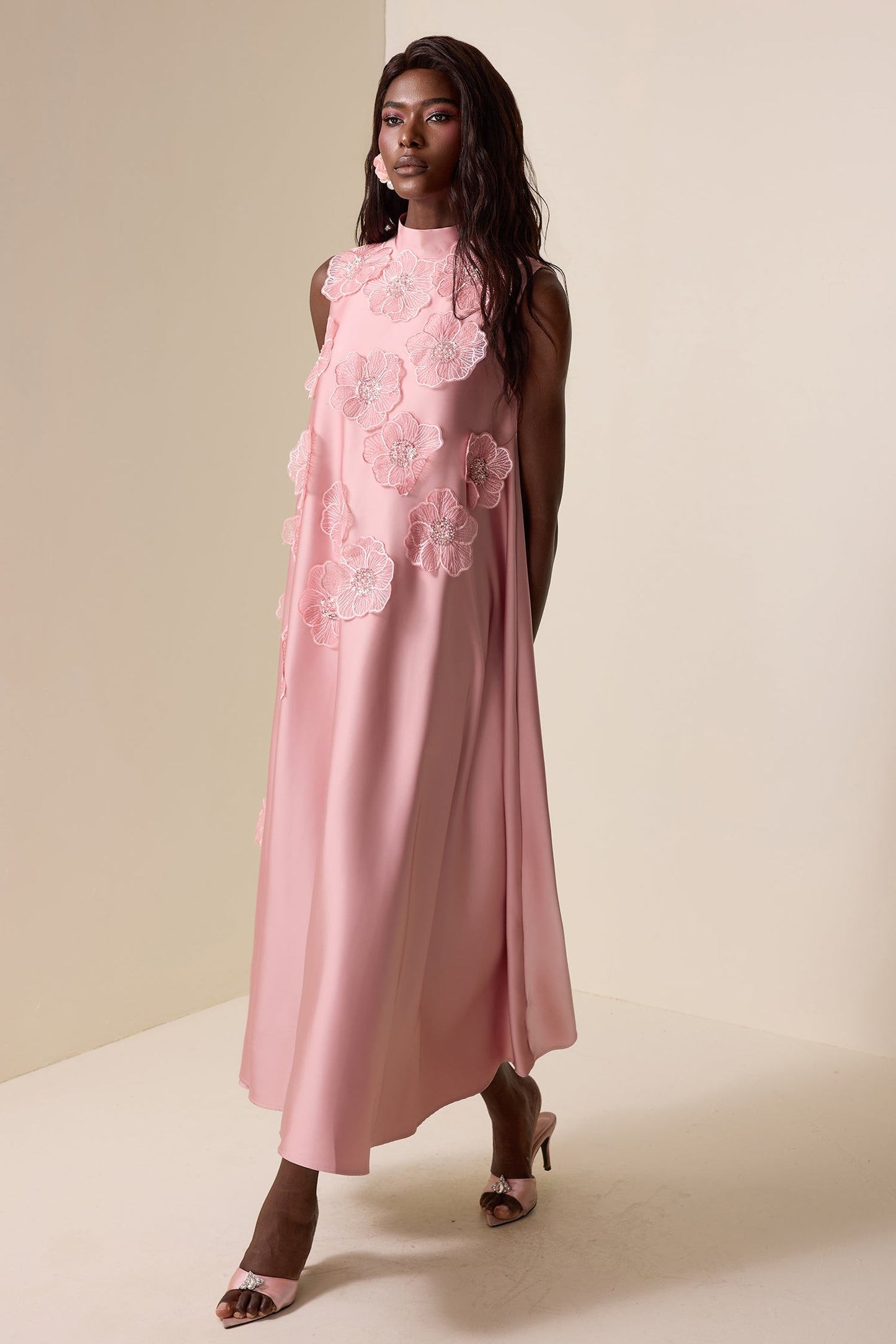 Appliquéd Satin Sleeveless Midi Dress