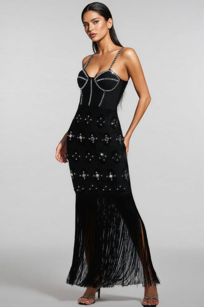 Jorvilp lace Sleeveless Tassels Diamond Maxi Dress