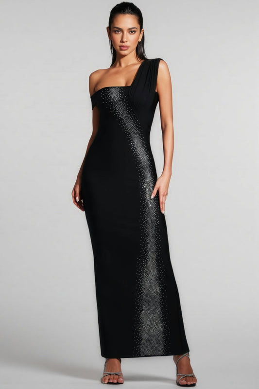 Zinnilk One Shoulder Diamond Bandage Maxi Dress