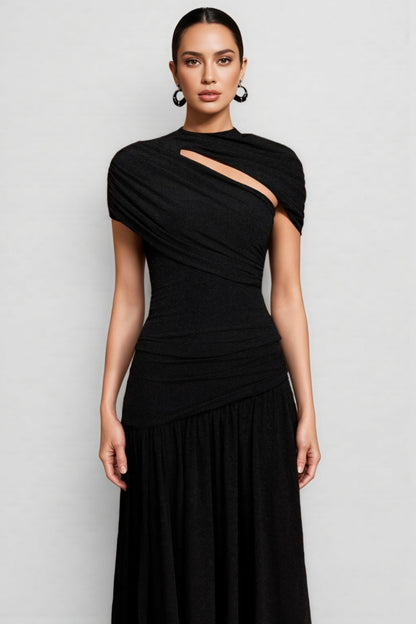 Zarinny Black Asymmetric Folds Maxi Dress Set