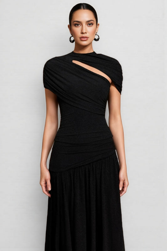 Zarinny Black Asymmetric Folds Maxi Dress Set