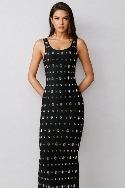 Daphn Diamond Square-Cut Collar Bandage Maxi Dress