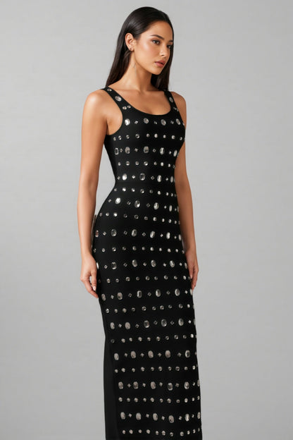Daphn Diamond Square-Cut Collar Bandage Maxi Dress