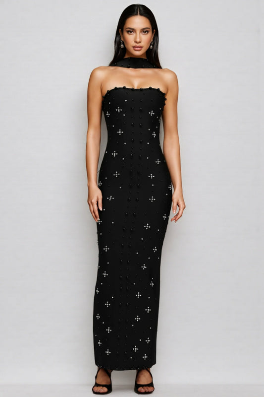 Nyralk Sleeveless Pearl Bandage Maxi Dress