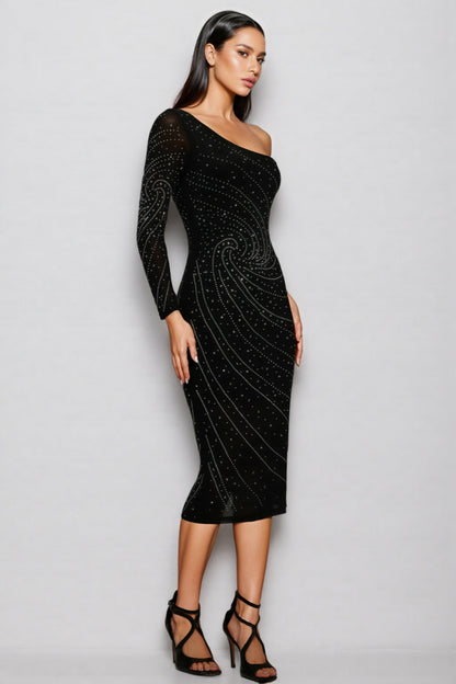 Tine Single Shoulder Long Sleeves Diamond Midi Dress
