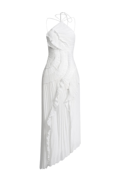 Pleated Frill Halter Neck Midi Dress