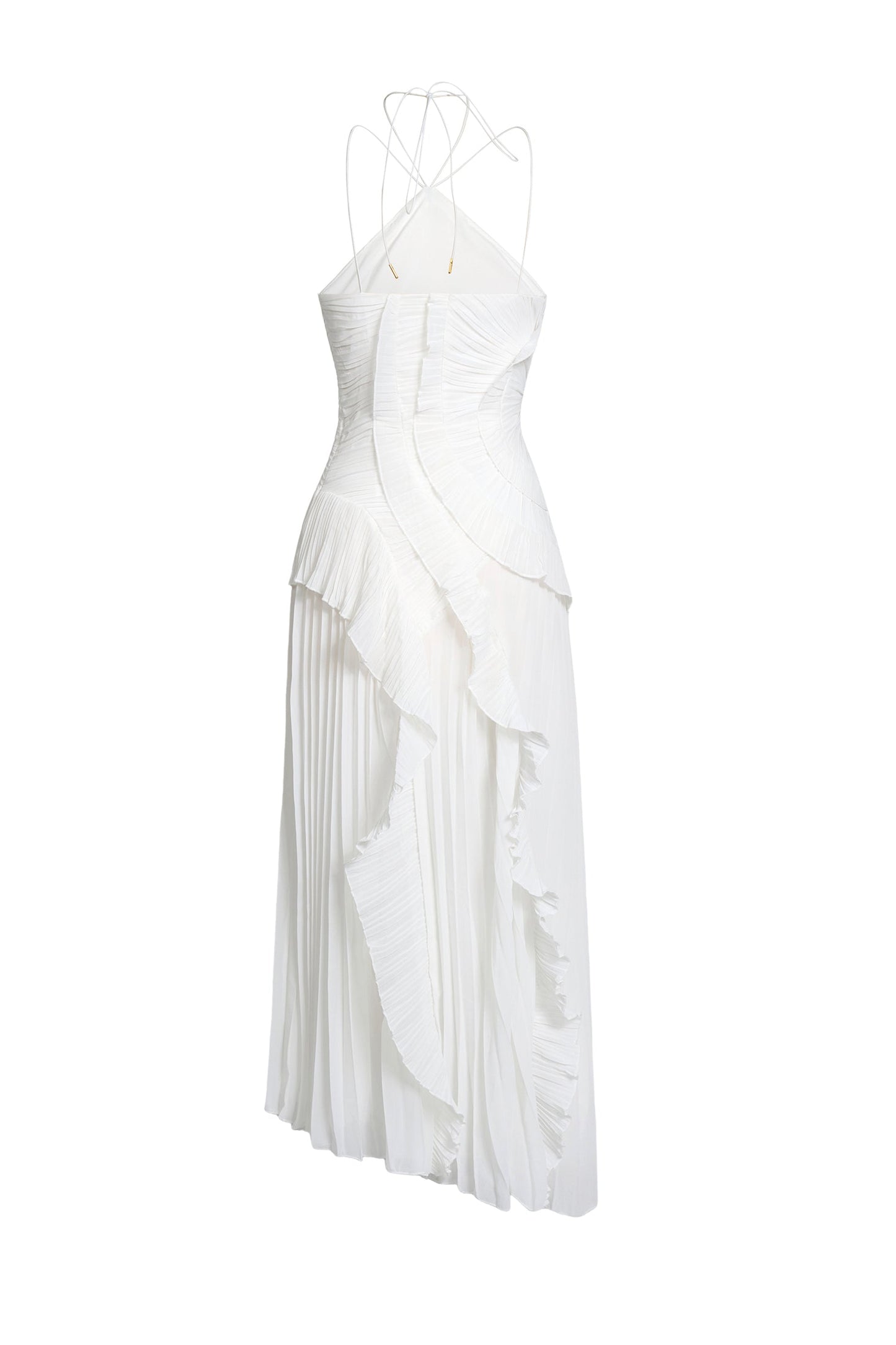 Pleated Frill Halter Neck Midi Dress