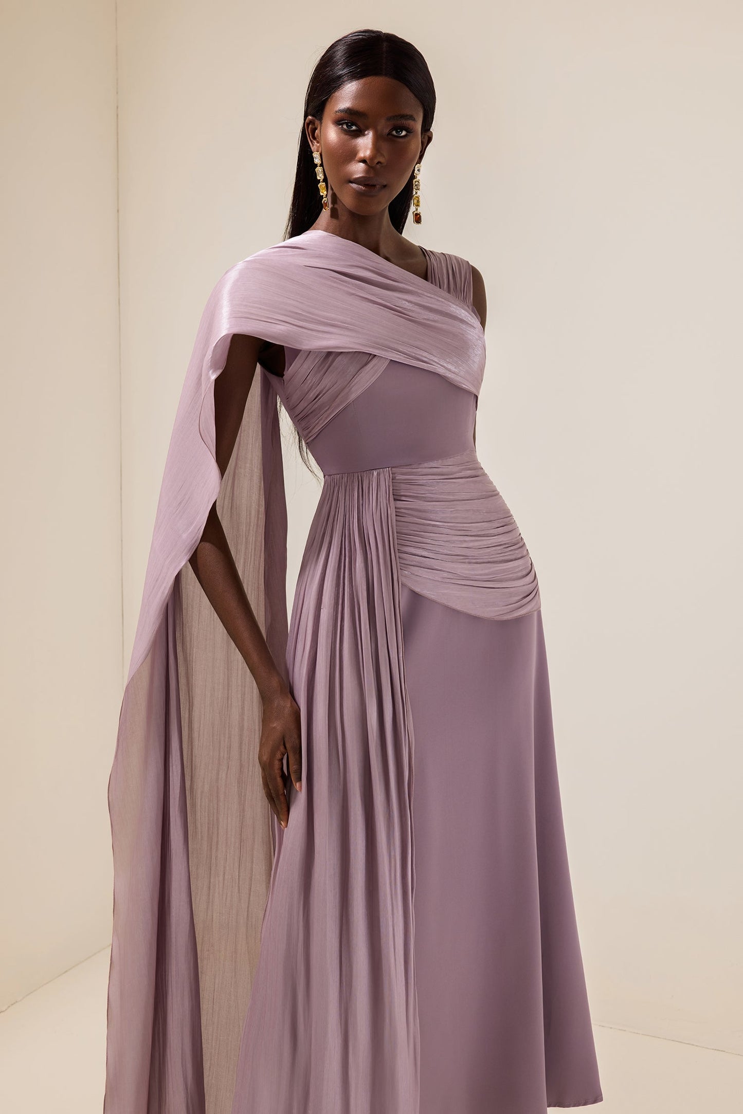 Satin Gathering Cape Sleeve Midi Dress