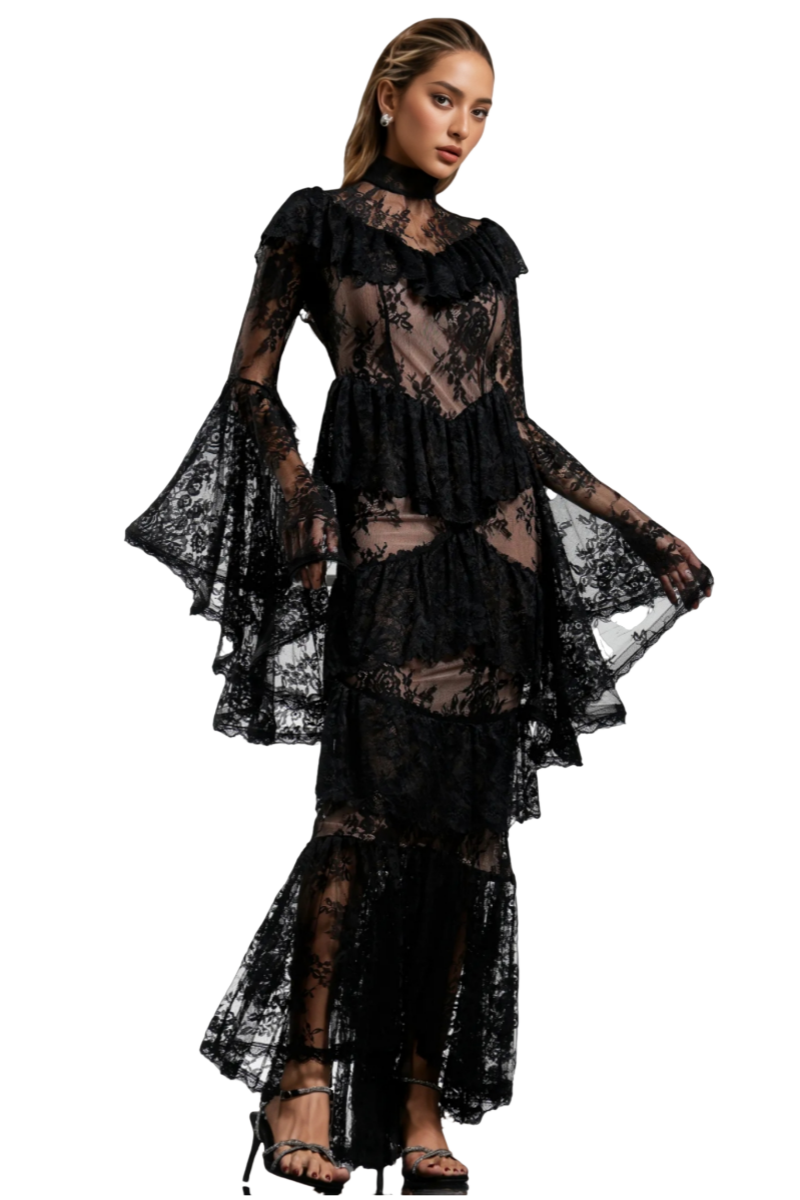 Suly Long Sleeves Flounce Lace Maxi Dress