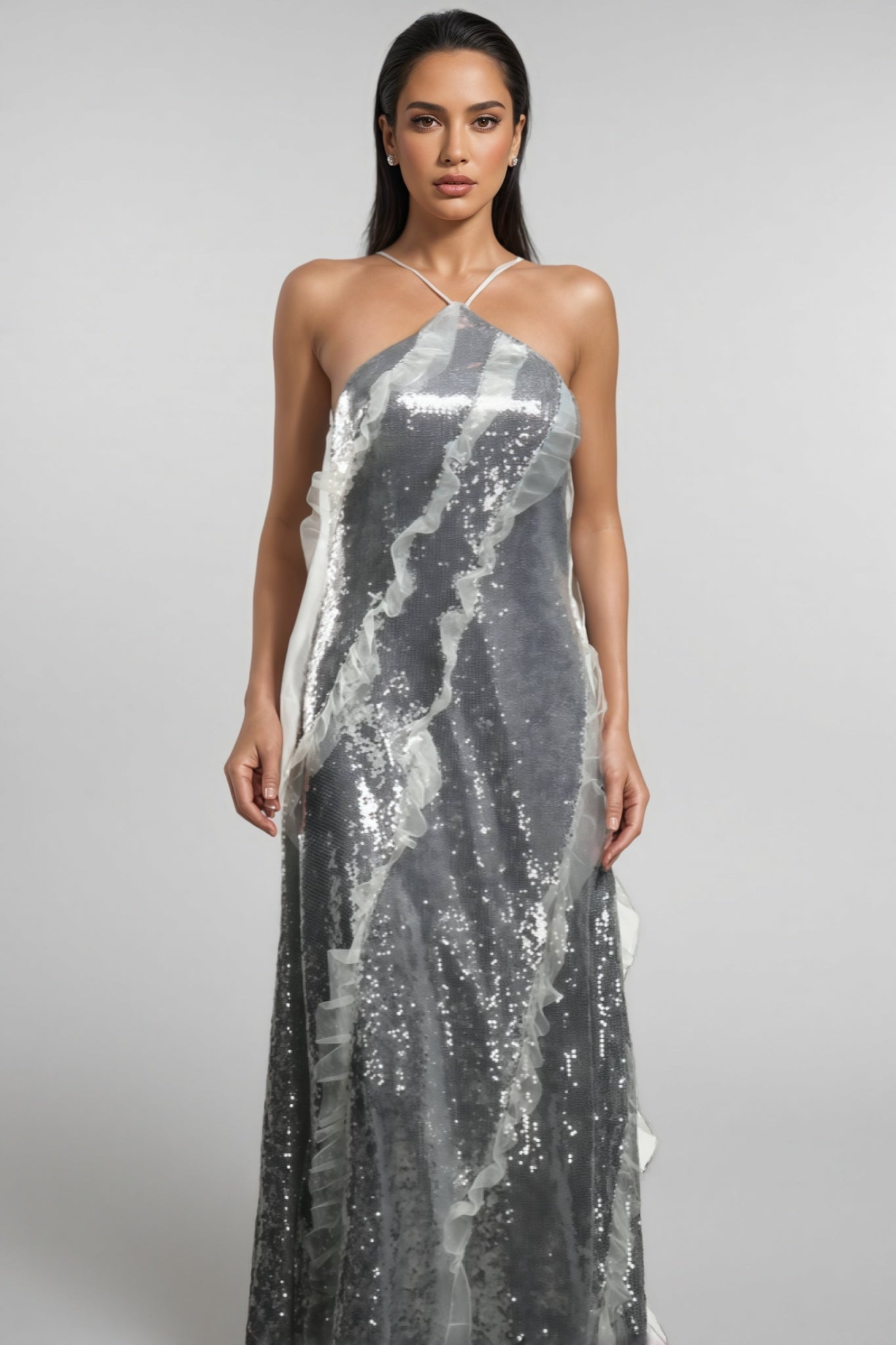 Coler Halter Sequins Ruffled Maxi Dress