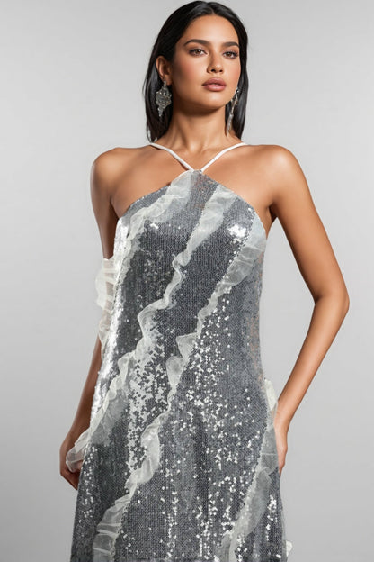 Coler Halter Sequins Ruffled Maxi Dress