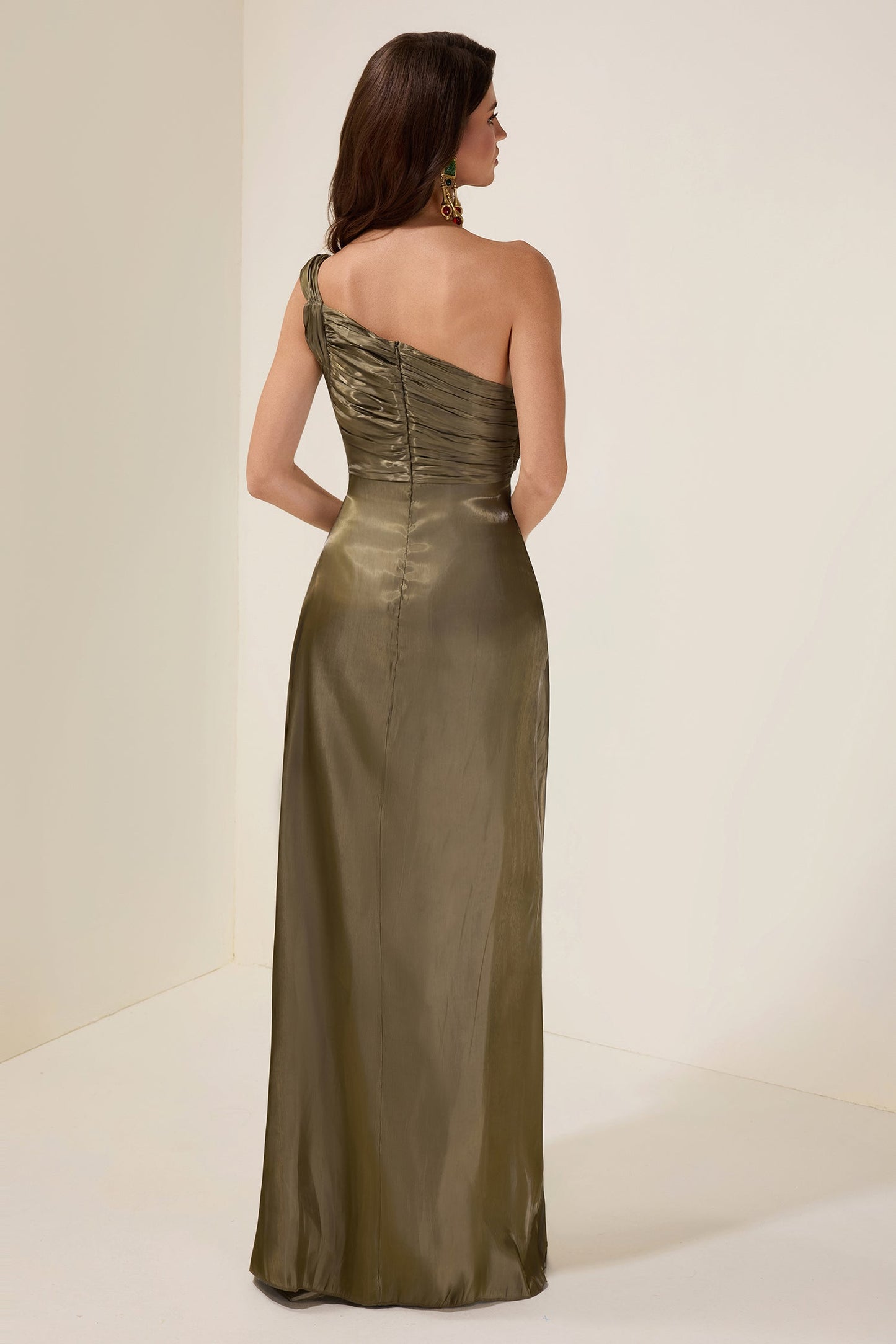 Solid Gathering Skew Collar Maxi Dress