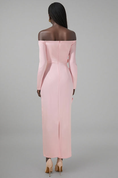 Verna Pink 3D Flower Off-Shoulder Midi Dress