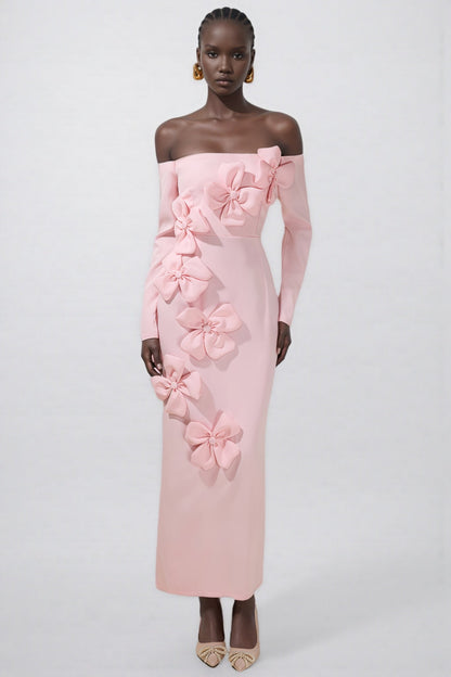 Verna Pink 3D Flower Off-Shoulder Midi Dress