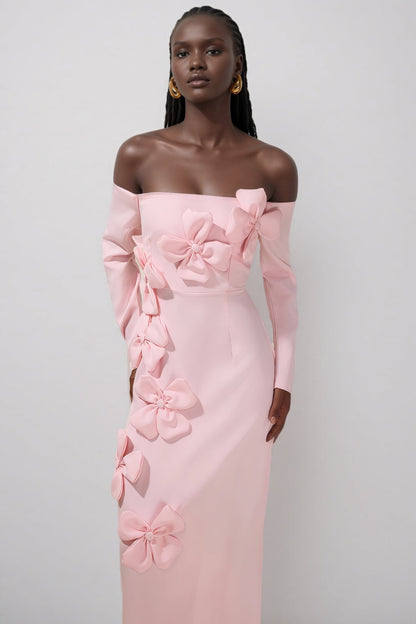 Verna Pink 3D Flower Off-Shoulder Midi Dress