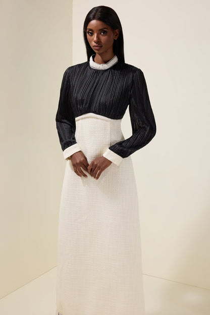 Tweed Contrast Color Rhinestone Feather Midi Dress