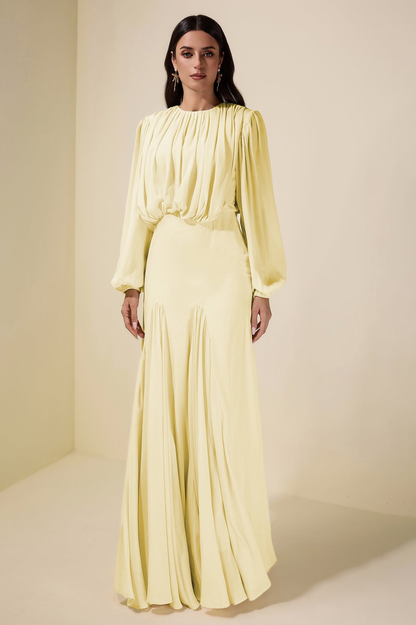 Gathering Round Neck Lantern Sleeve Maxi Dress
