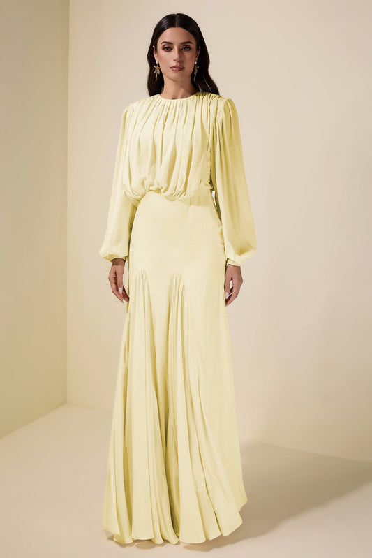Gathering Round Neck Lantern Sleeve Maxi Dress