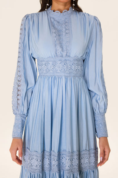 Lace Lantern Sleeve Solid Midi Dress
