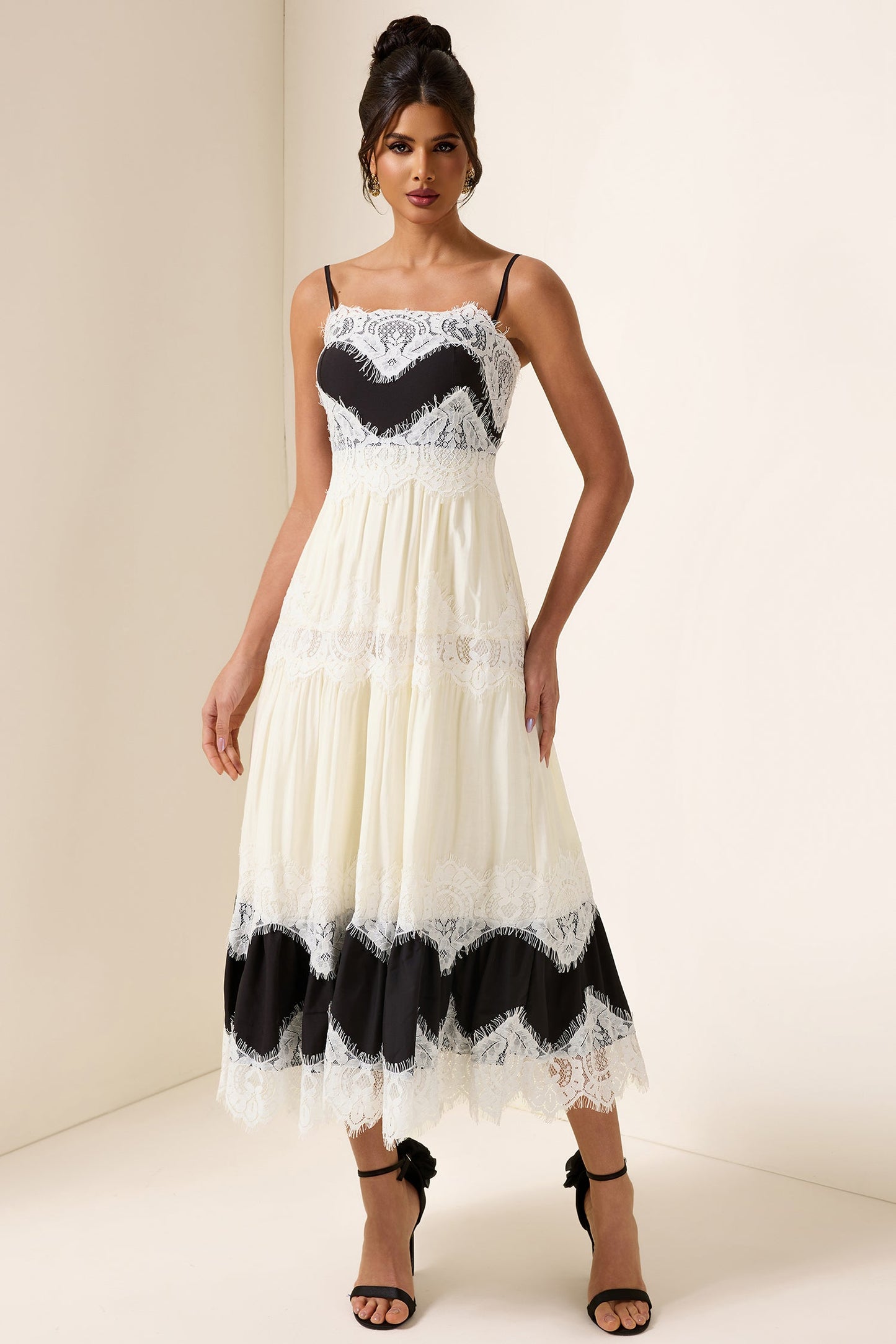 Lace Splicing Square Neck Midi Dress