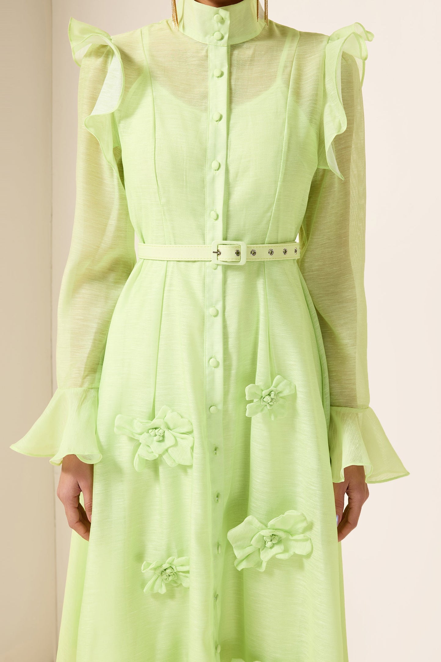 Solid 3D Floral Frill Midi Dress