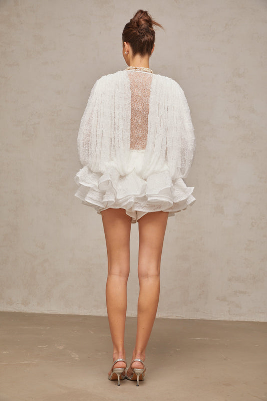 Isoline white semi-sheer lace top & shorts & dress matching set