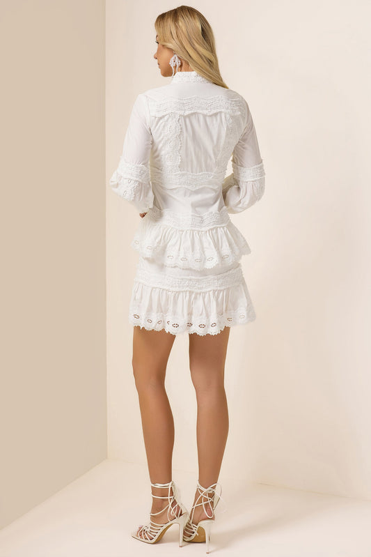 Solid Lace Ruffle Lantern Sleeve Mini Dress