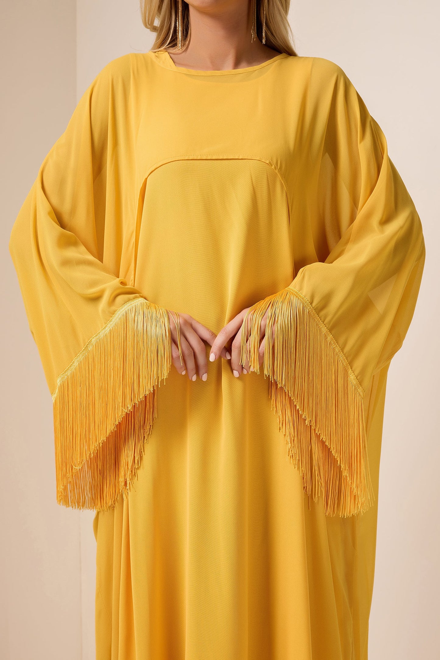 Tassel Cape & Solid Chiffon Midi Dress Set
