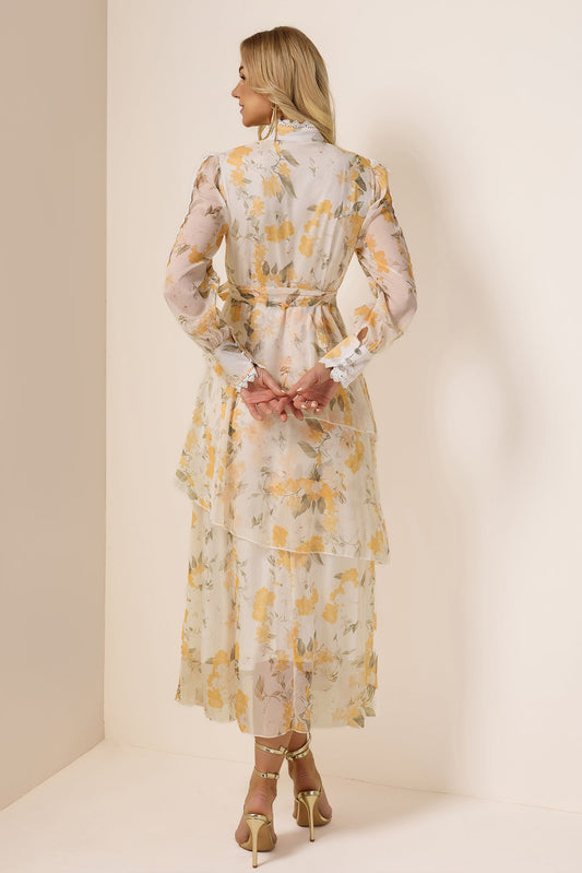 Lace Splicing Chiffon Lace-Up Ruffle Midi Dress