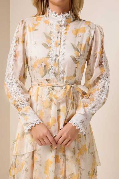 Lace Splicing Chiffon Lace-Up Ruffle Midi Dress