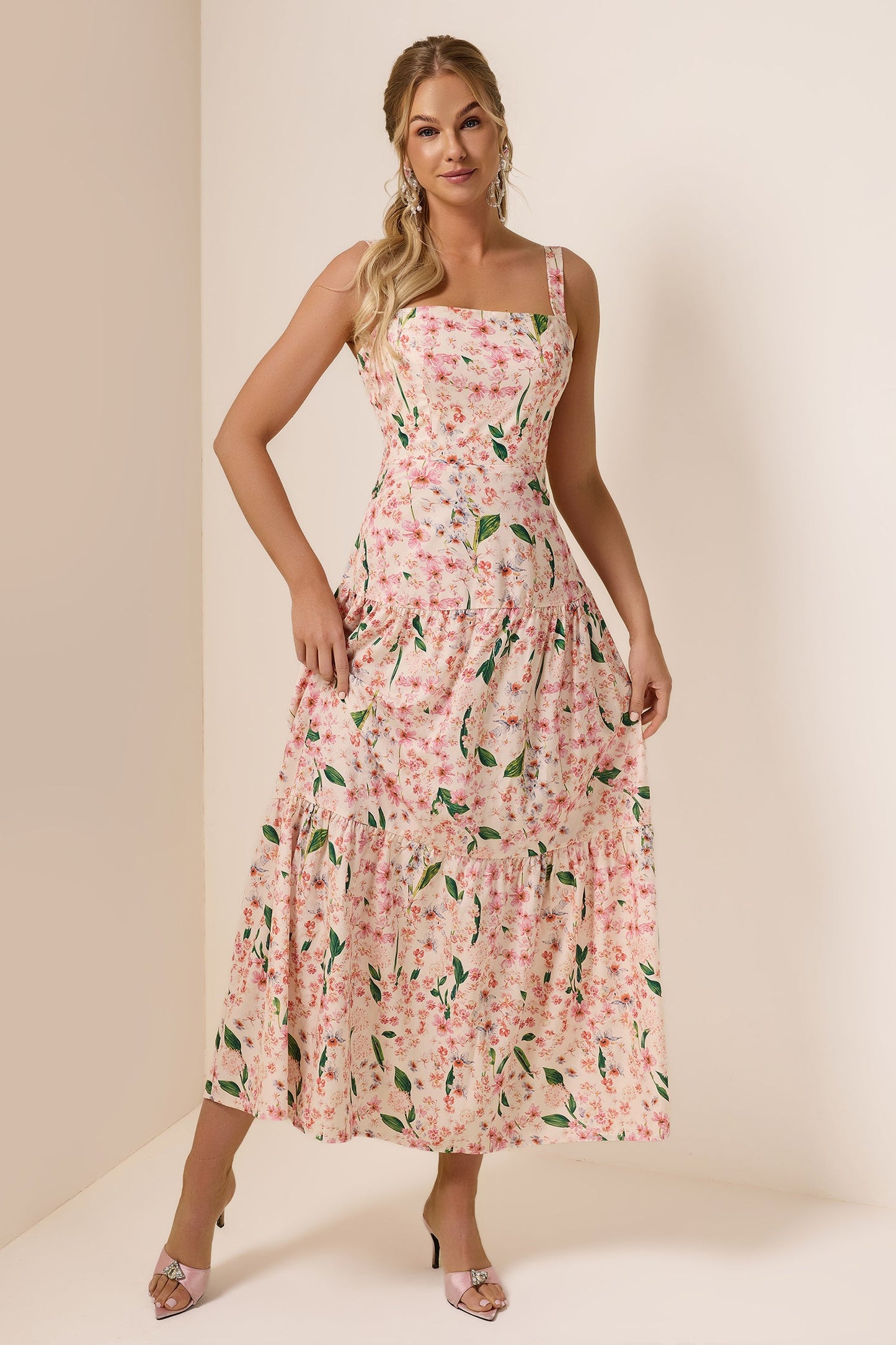 Floral  Square Collar Sleeveless Maxi Dress
