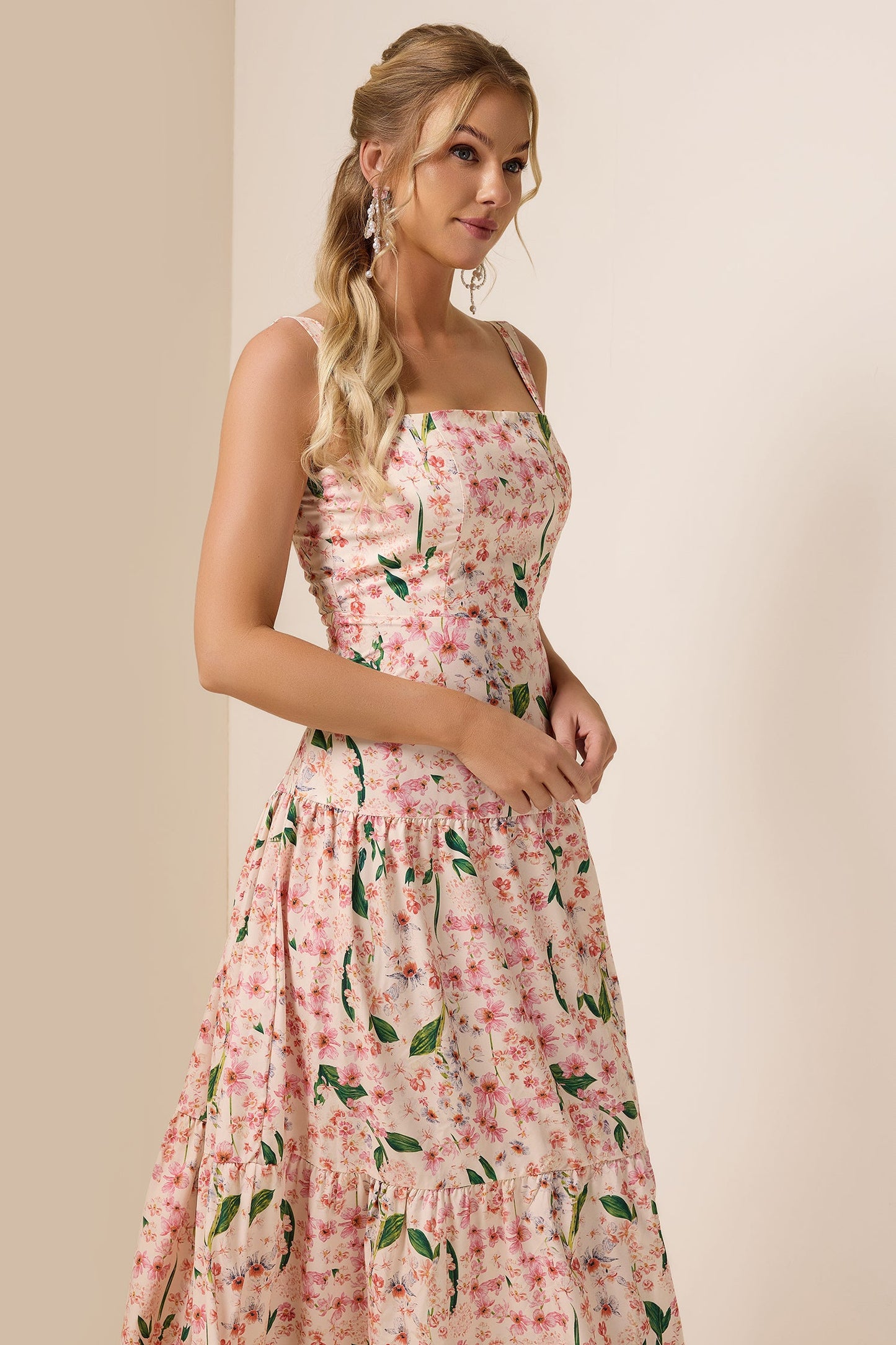 Floral  Square Collar Sleeveless Maxi Dress