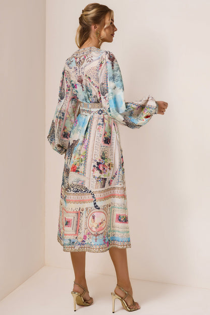 Rhinestone Floral V-Neck Midi Dress