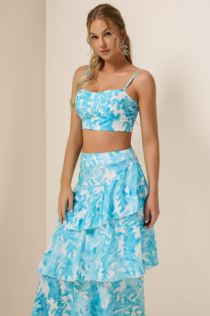 Abstract Print Top ＆ High Waist Ruffle Skirt Set