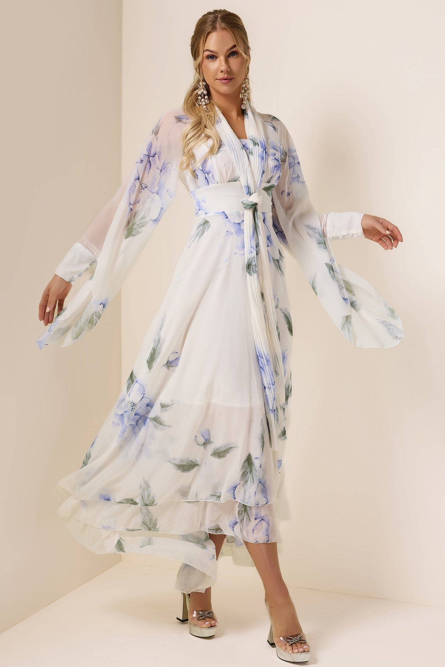 Chiffon Floral Lace Up Maxi Dress
