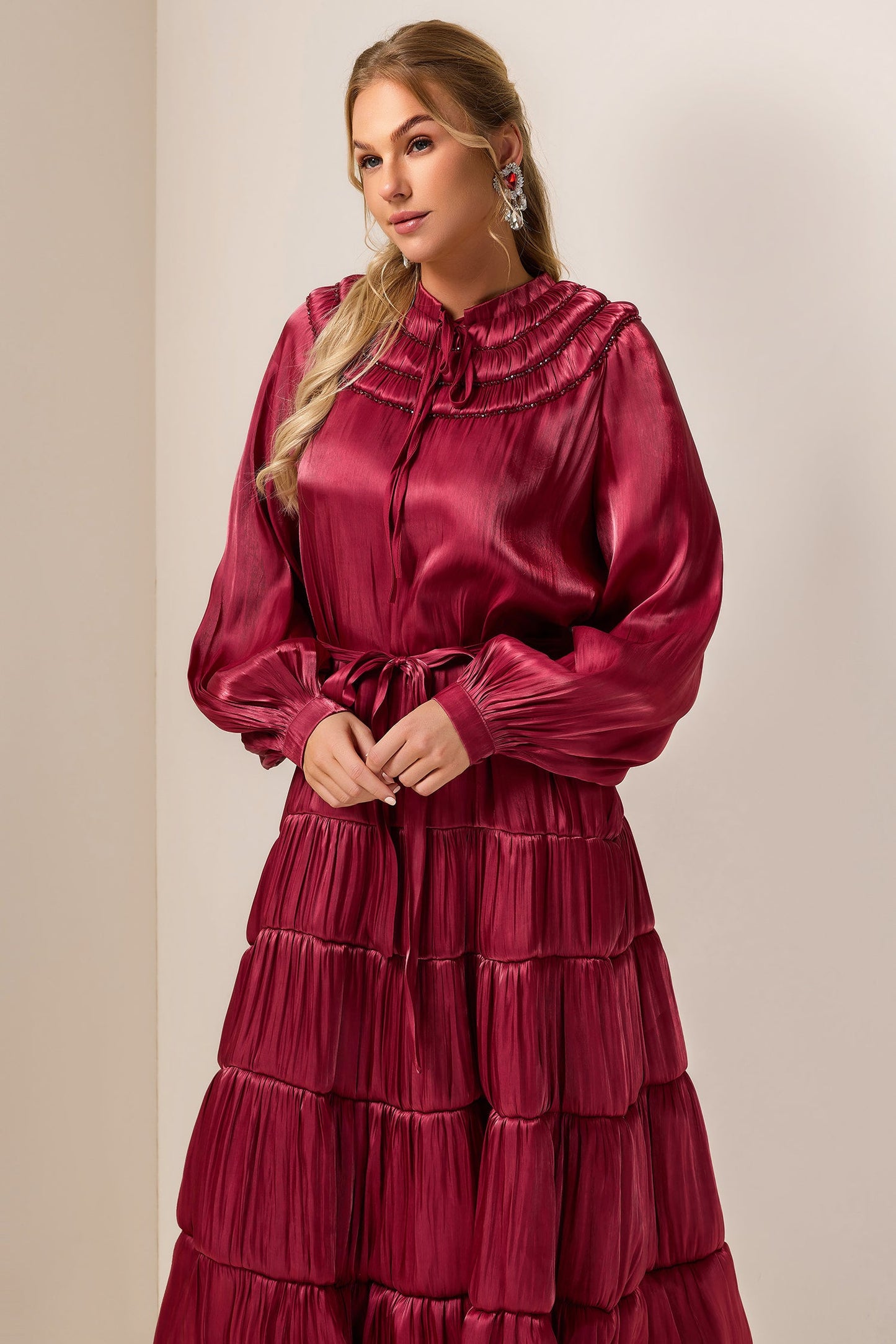 Nail Bead Embroidery Solid Frill Midi Dress