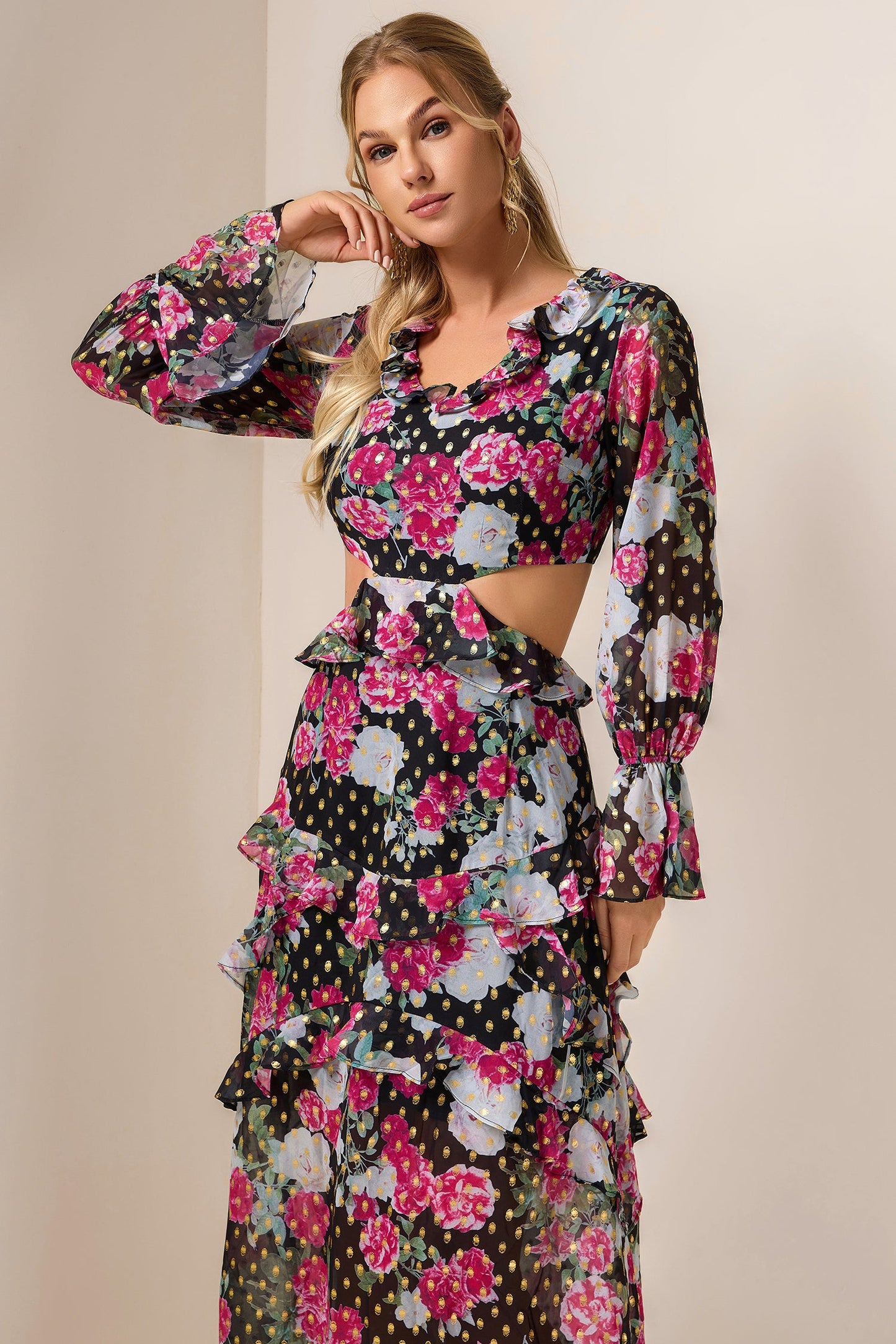 Floral Gold Foil Stamping Frill Midi Dress