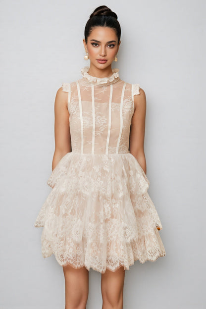 Yamaly White Floral Lace Tiered Mini Dress
