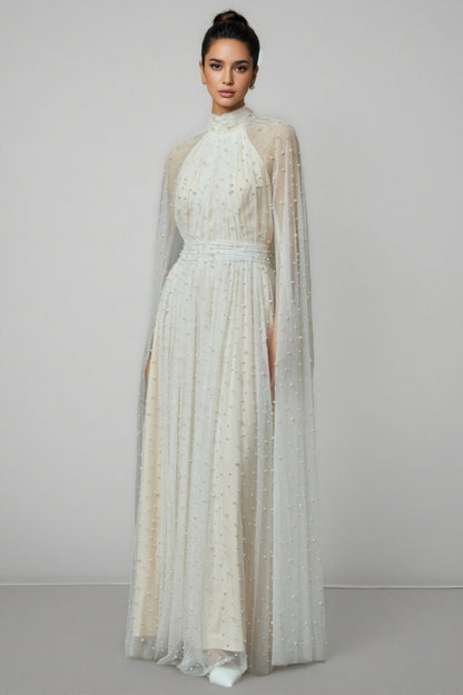 Xyvia Pearl Stand-up Collar Cap Sleeve Maxi Dress