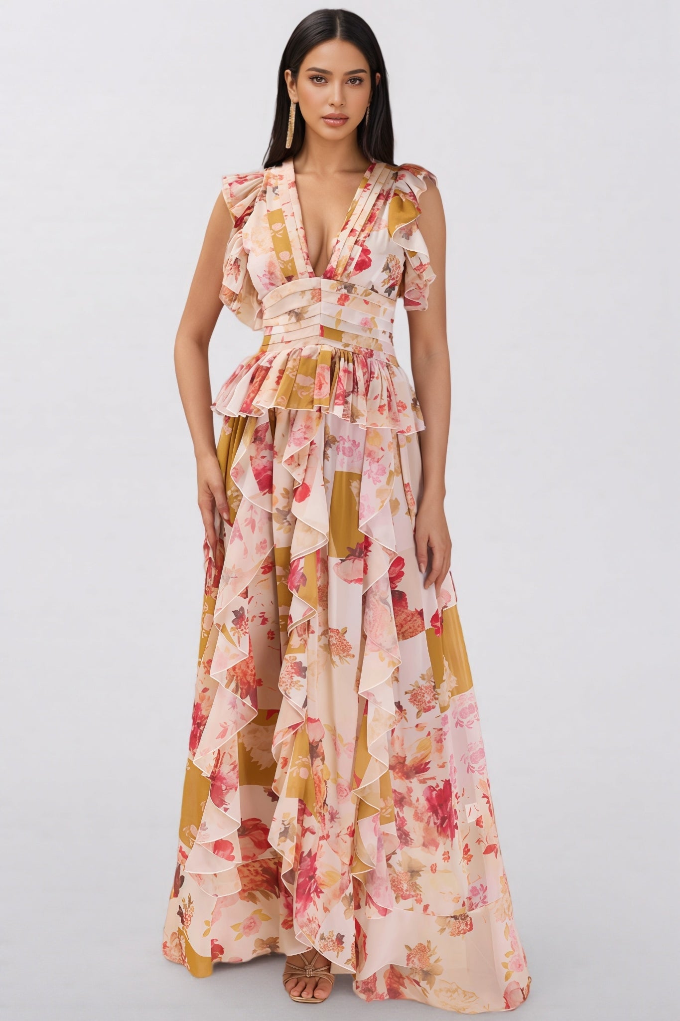 Rosel Ruffle V-Neck Split Maxi Dress