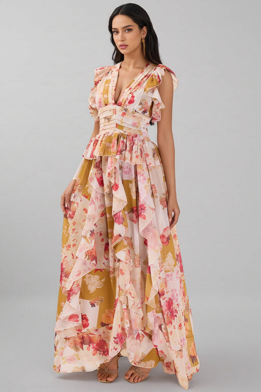 Rosel Ruffle V-Neck Split Maxi Dress