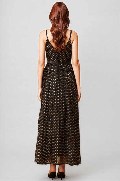 Ierra Black Polka Dot Pleated Midi Dress