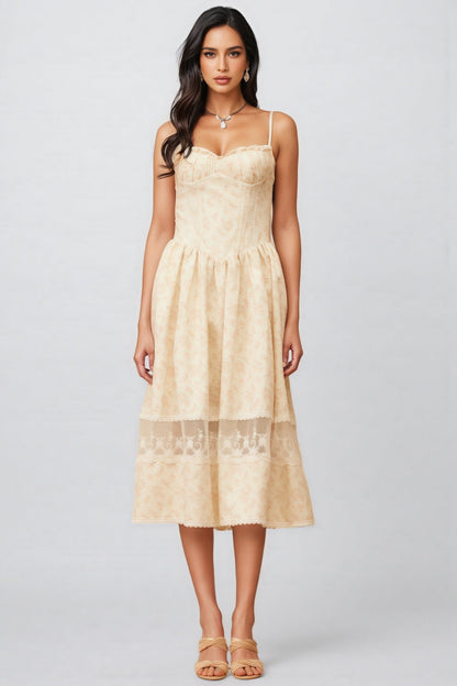 Adrienne Neutral Lace Trim Floral Midi Dress