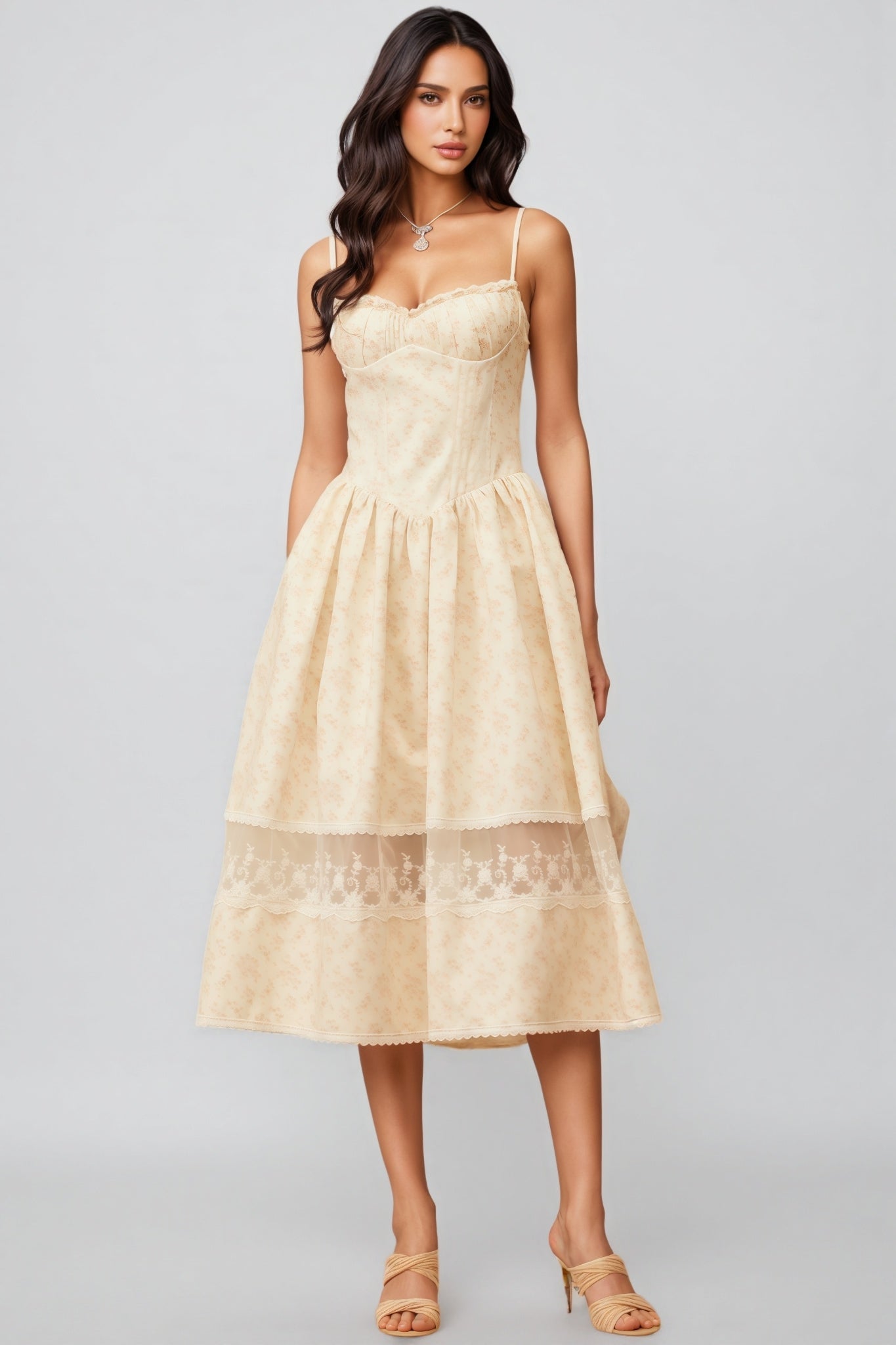Adrienne Neutral Lace Trim Floral Midi Dress