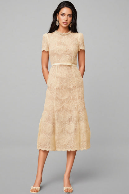 Aurore White Embellished Floral Lace Midi Dress