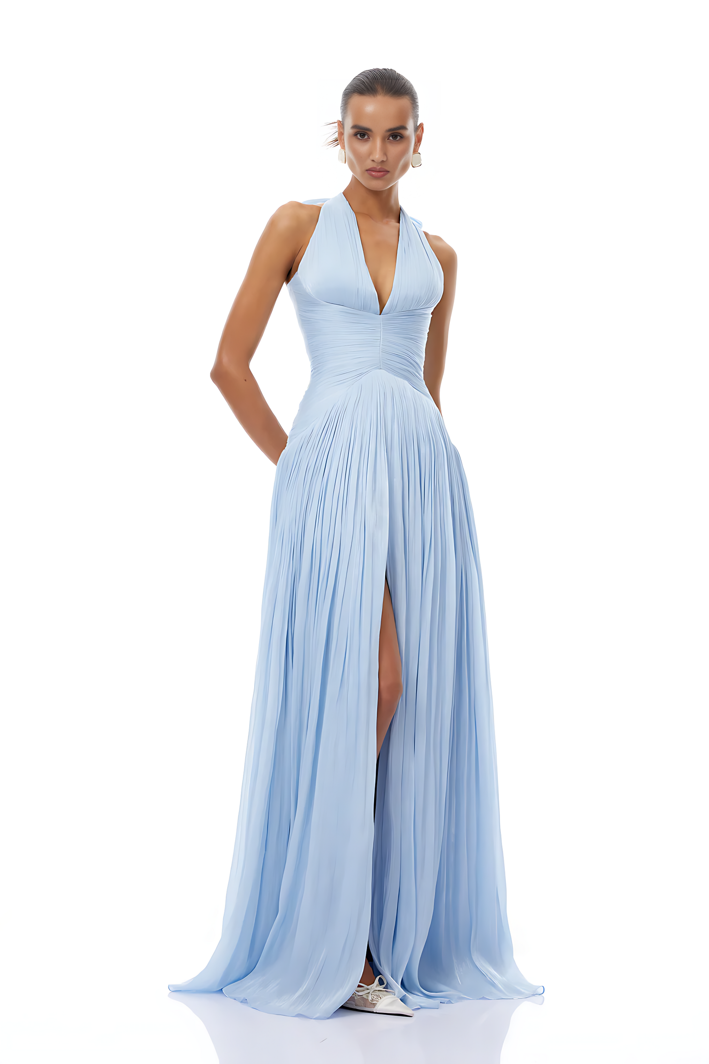 Elegant V-neck Pleated Slit Maxi Dress